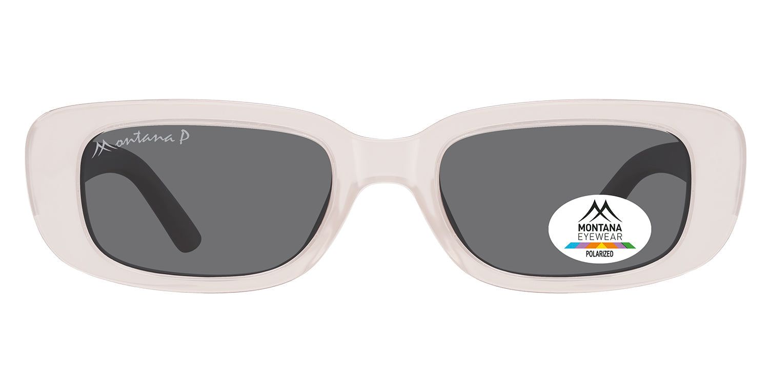 Sonnenbrille mit weißem Rahmen und grauen Gläsern. Auf dem Glas befindet sich ein Aufkleber mit dem Logo und der Aufschrift 'Polarized'.