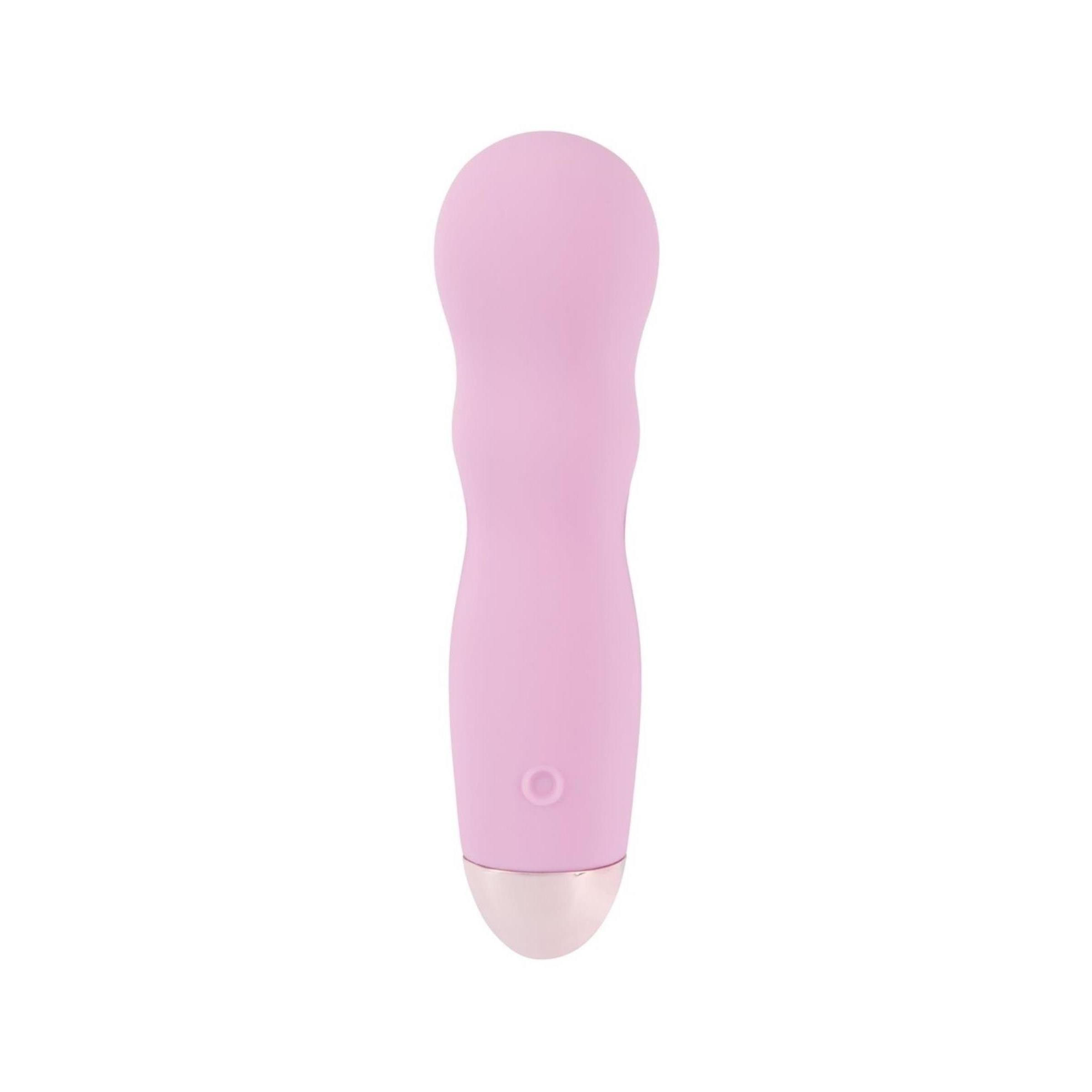 Rosa Mini-Vibrator. Zylindrische Form mit abgerundeter Spitze. Silberfarbene Basis. Ein Knopf.