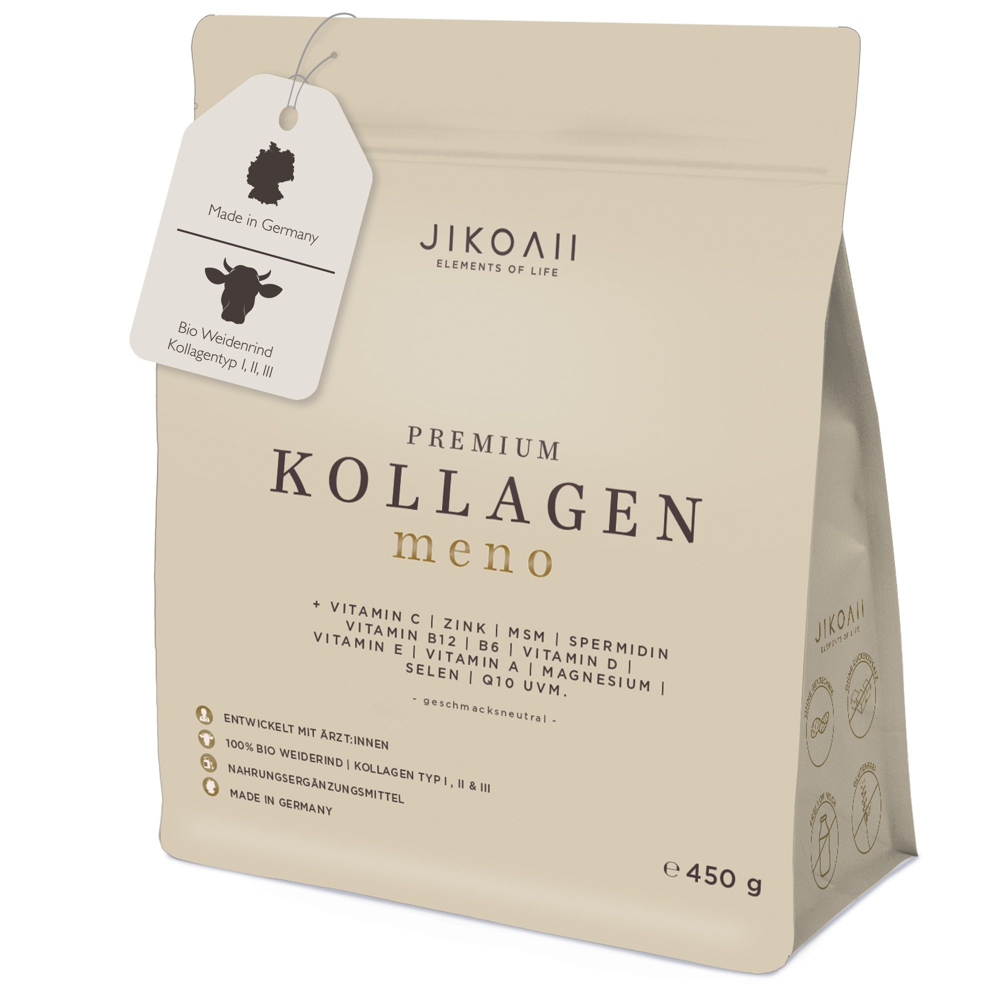 Jikoaii Kollagenpulver Meno - Kollagen mit Coenzym Q10, Zink, Spermidin & MSM Menopausekomplex 450 g Pulver