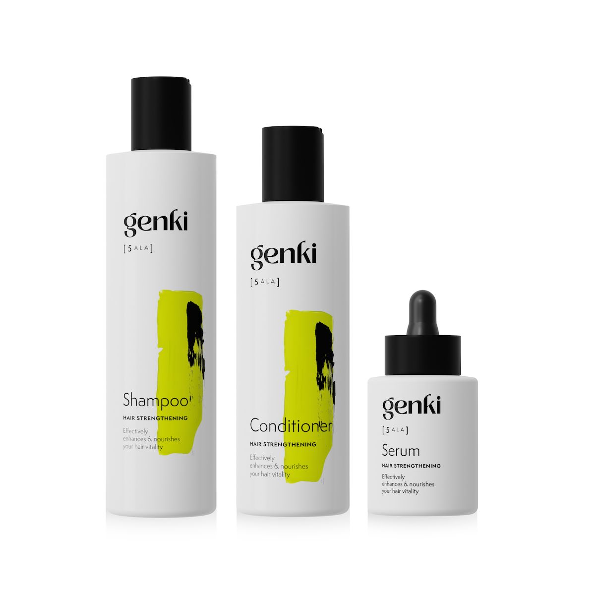 Drei weiße Flaschen mit schwarzem Deckel. Shampoo, Conditioner und Serum. Genki-Logo und gelber Akzent.