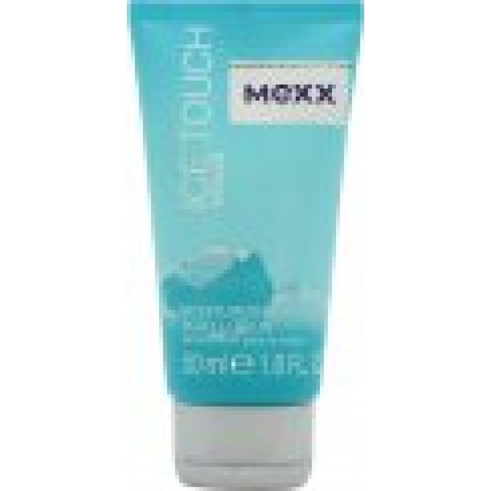 Türkisfarbene Tube mit weißem Deckel. Aufschrift: MEXX ICE TOUCH WOMAN. Text: MOISTURIZING BODY LOTION. Volumen: 50 ml.