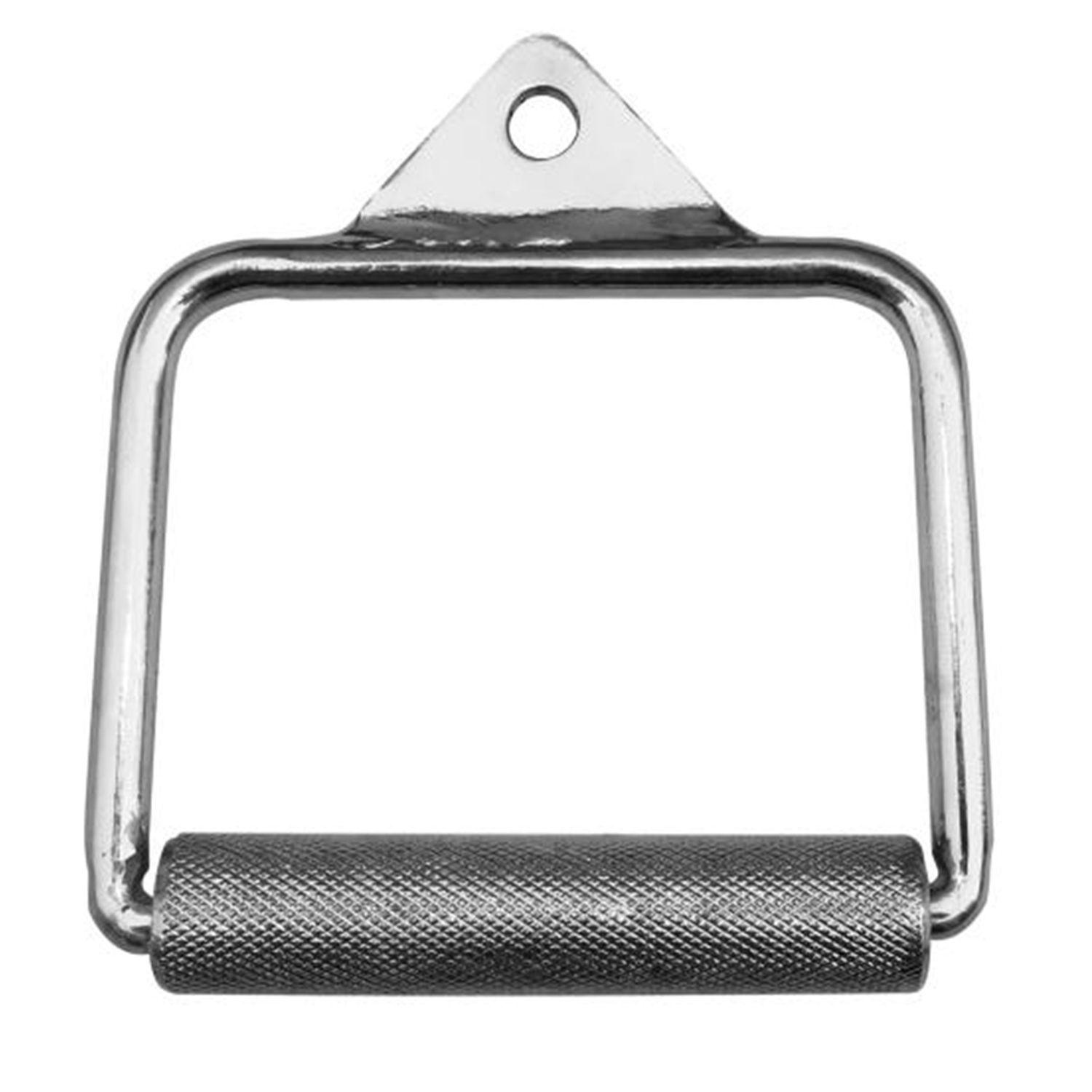 Kurzer Einhandgriff aus Metall. Mit geriffelter Griffstange und dreieckiger Halterung mit Loch.