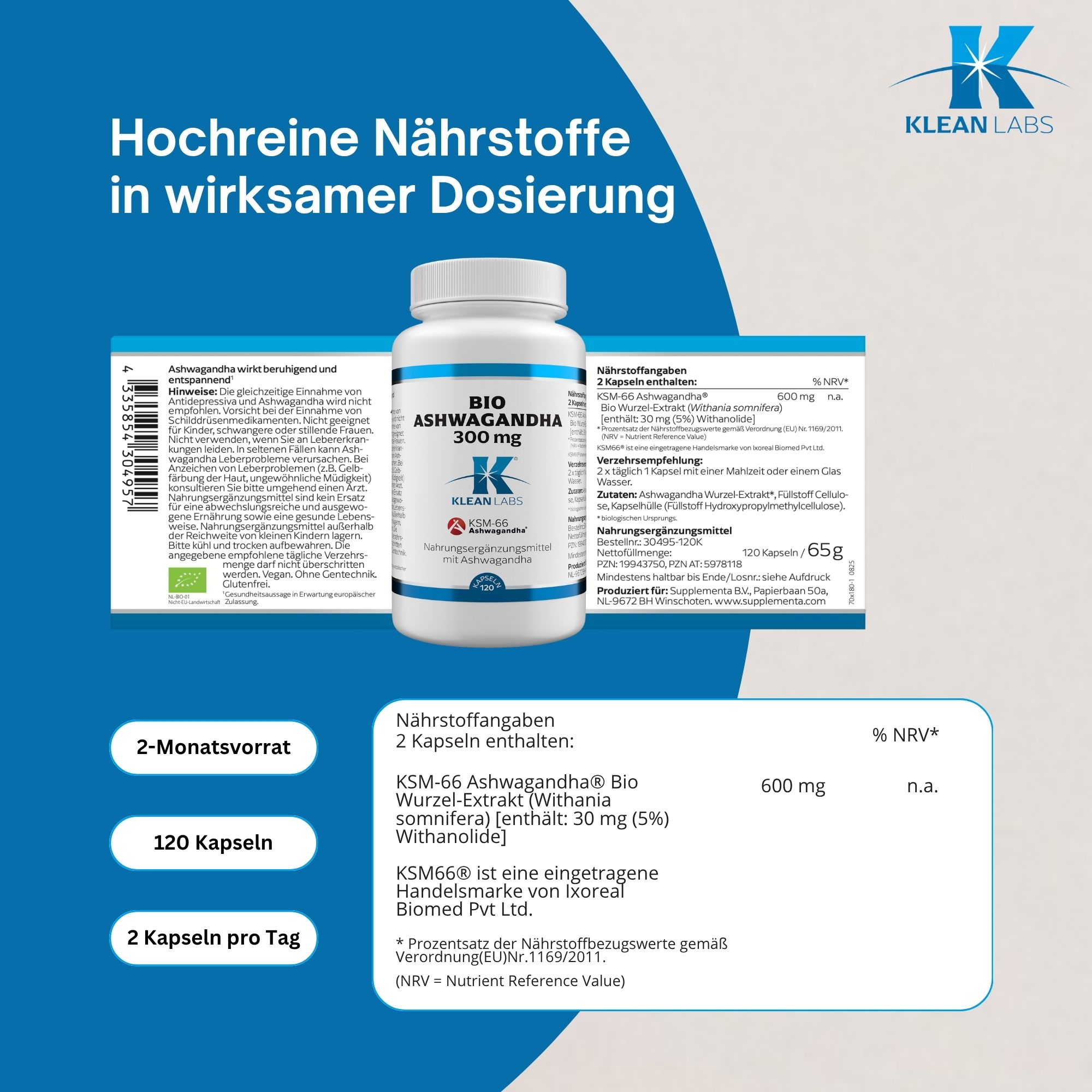 Flasche mit Kapseln und Text. Text: BIO Ashwagandha 300 mg, Klean Labs. Nährwertangaben, 120 Kapseln, 2 Kapseln pro Tag.