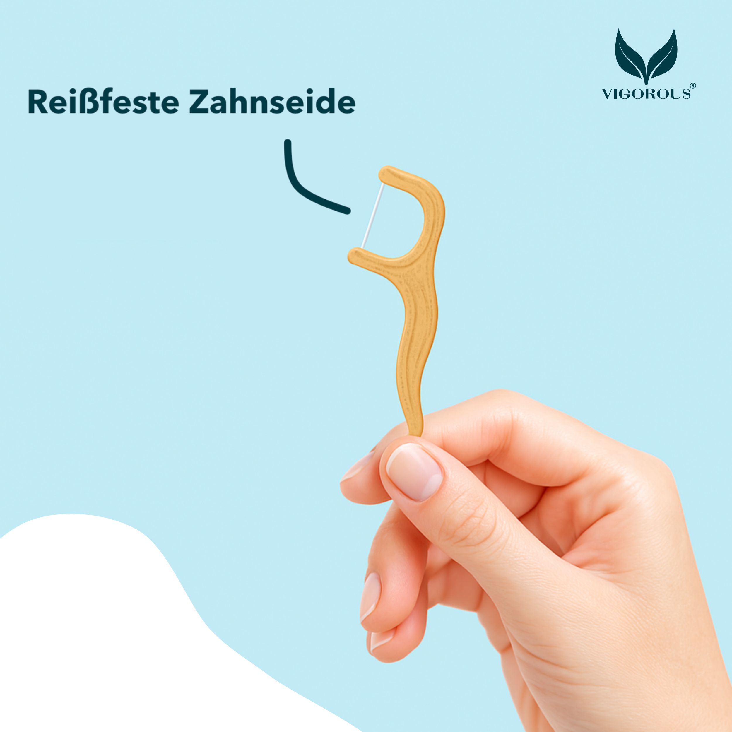Hand hält einen Zahnseide-Stick. Aufschrift: Reißfeste Zahnseide. Marke: VIGOROUS®.