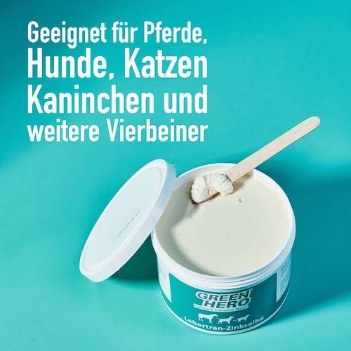 Offener Tiegel mit Salbe und Holzspatel. Aufschrift: GREEN HERO, Lebertran-Zinksalbe. Geeignet für Pferde, Hunde, Katzen, Kaninchen.