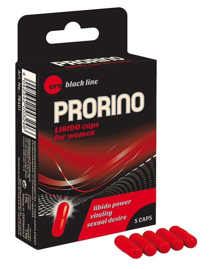Schwarze Schachtel mit roter Schrift: PRORINO LIBIDO caps for women. 5 Kapseln. Logo: Rhino. Text: Libido Power, Vitalität, sexuelles Verlangen. 5 rote Kapseln.