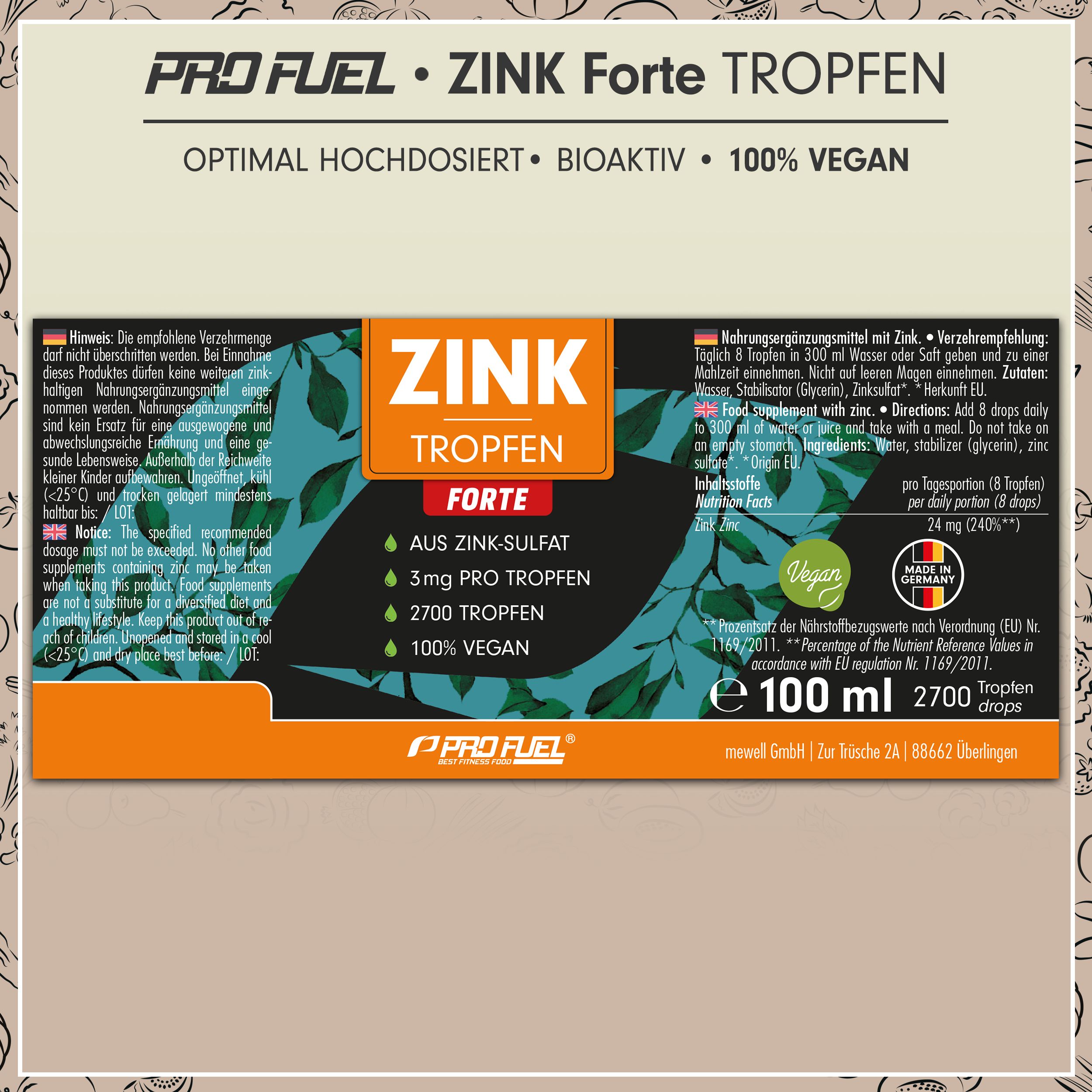 Produktetikett von ZINK Tropfen Forte. Enthält Informationen zu Inhaltsstoffen, Dosierung, Nährwertangaben und Hersteller. 100 ml, 2700 Tropfen.