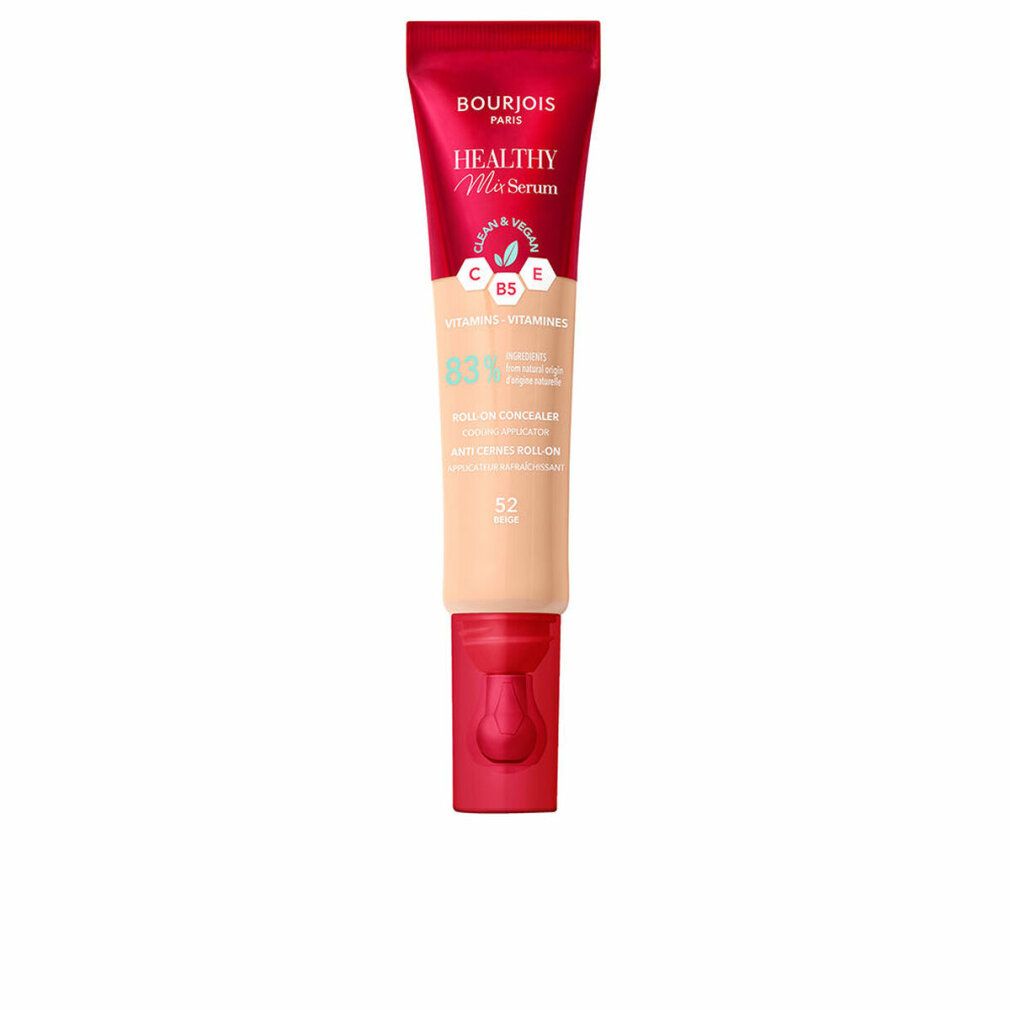 Rote Tube mit Schriftzug Bourjois Paris, Healthy Mix Serum. Farbton 52-Beige. Flüssiger Abdeckstift. Mit Vitaminen.