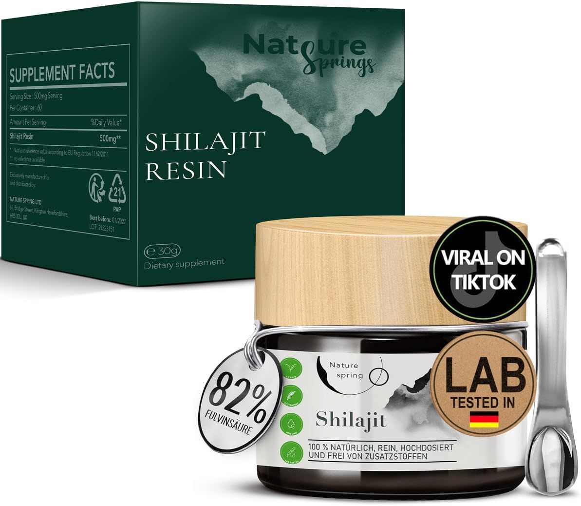 Glas mit Shilajit, Holzdeckel, neben Verpackung und Applikator. Text: 82% Fulvinsäure. Lab getestet. Viral auf TikTok. Shilajit Resin.
