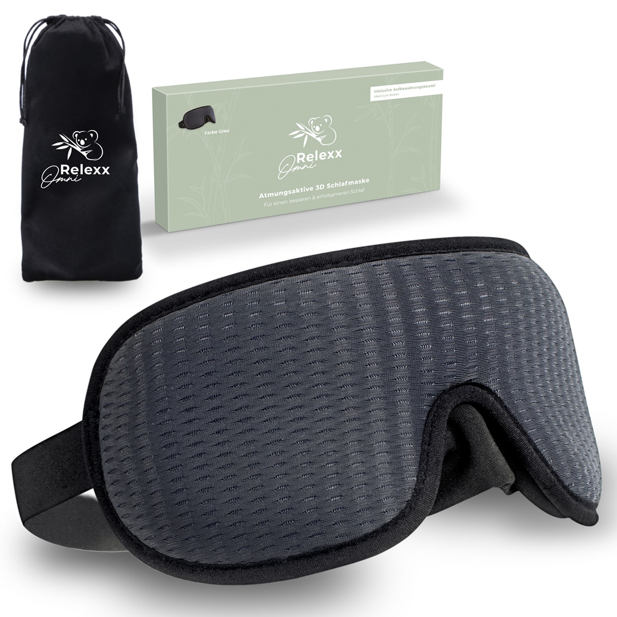 Graue Schlafmaske, Reisebeutel und Verpackung. Marke OmniRelexx. Graue Farbe.