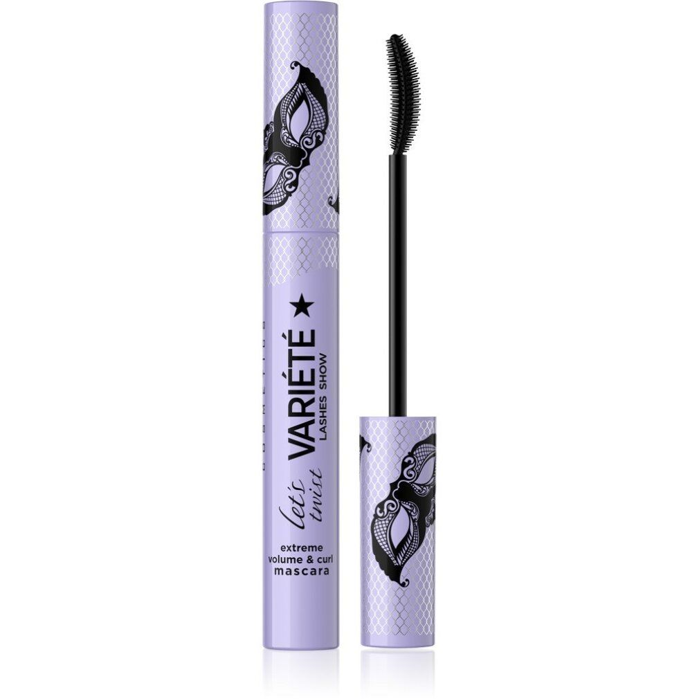 Lila Mascaratube mit schwarzer Bürste. Aufschrift: Variété, Let's Twist, extreme volume & curl mascara. Maskenmuster.