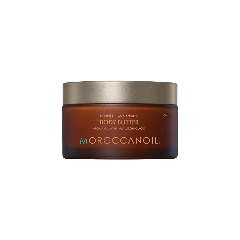 Braune Tiegel mit goldfarbenem Deckel. Aufschrift: Body Butter, Arganöl mit Hyaluronsäure. Marke: MOROCCANOIL.