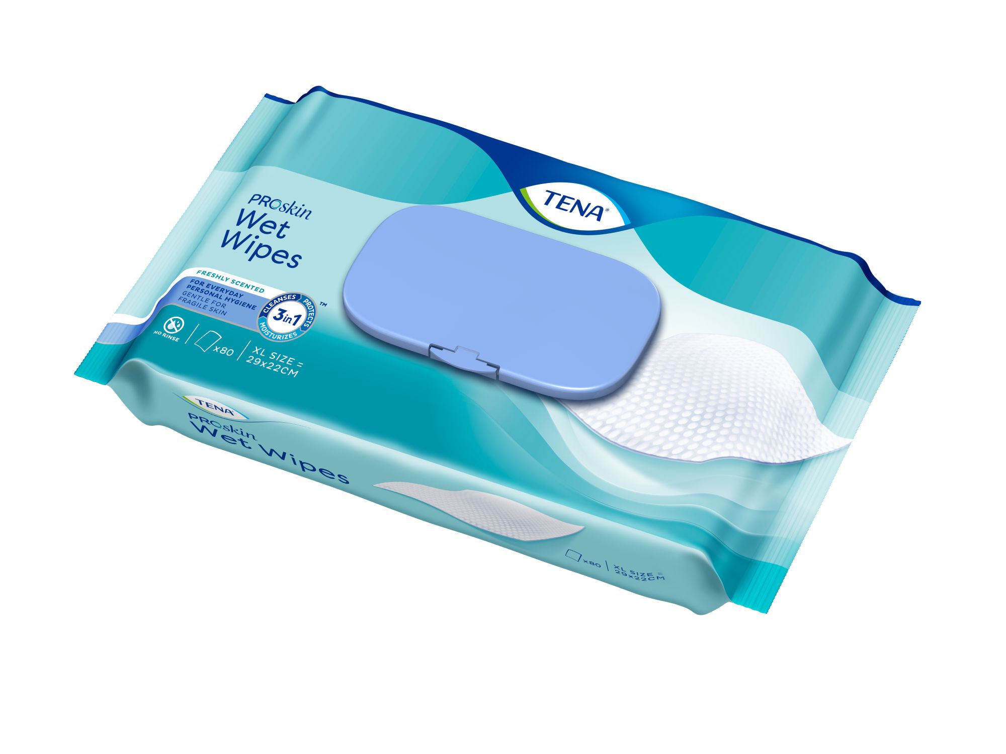 Verpackung mit TENA ProSkin Wet Wipes. Blaue Deckel. Text: Wet Wipes, 3in1, XL Size 28x22cm. Marke TENA.