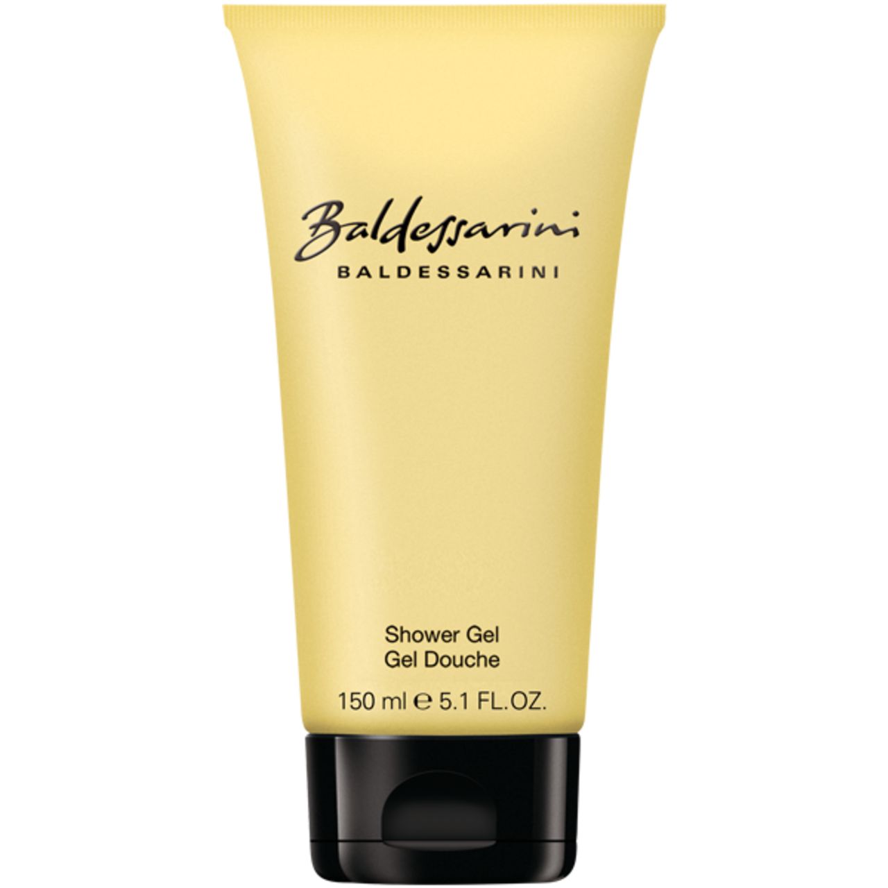 Gelbe Tube Baldessarini Duschgel. Schwarzer Verschluss. Schriftzug und Produktbezeichnung.