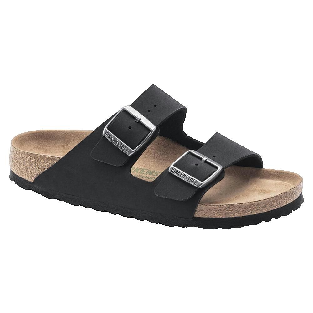 Sandali neri con due cinturini e fibbie. Plantare in sughero. Marchio Birkenstock.