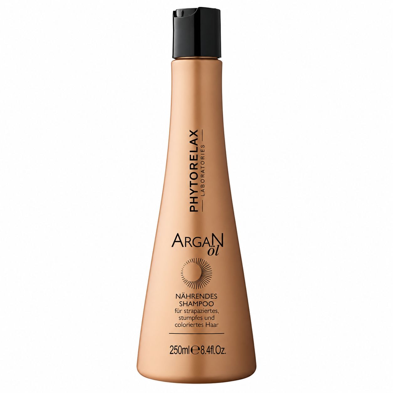 Kupferfarbener Flakon mit schwarzem Verschluss. Nährendes Shampoo für strapaziertes, gestresstes und coloriertes Haar.