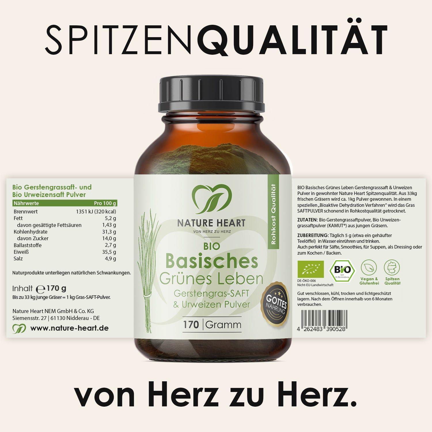 Braune Glasflasche mit Etikett. Text: "BIO Basisches Grünes Leben", "170 Gramm". Nährwerttabelle. Siegel "Rohkost Qualität", "Gottes Nahrung", "BIO".