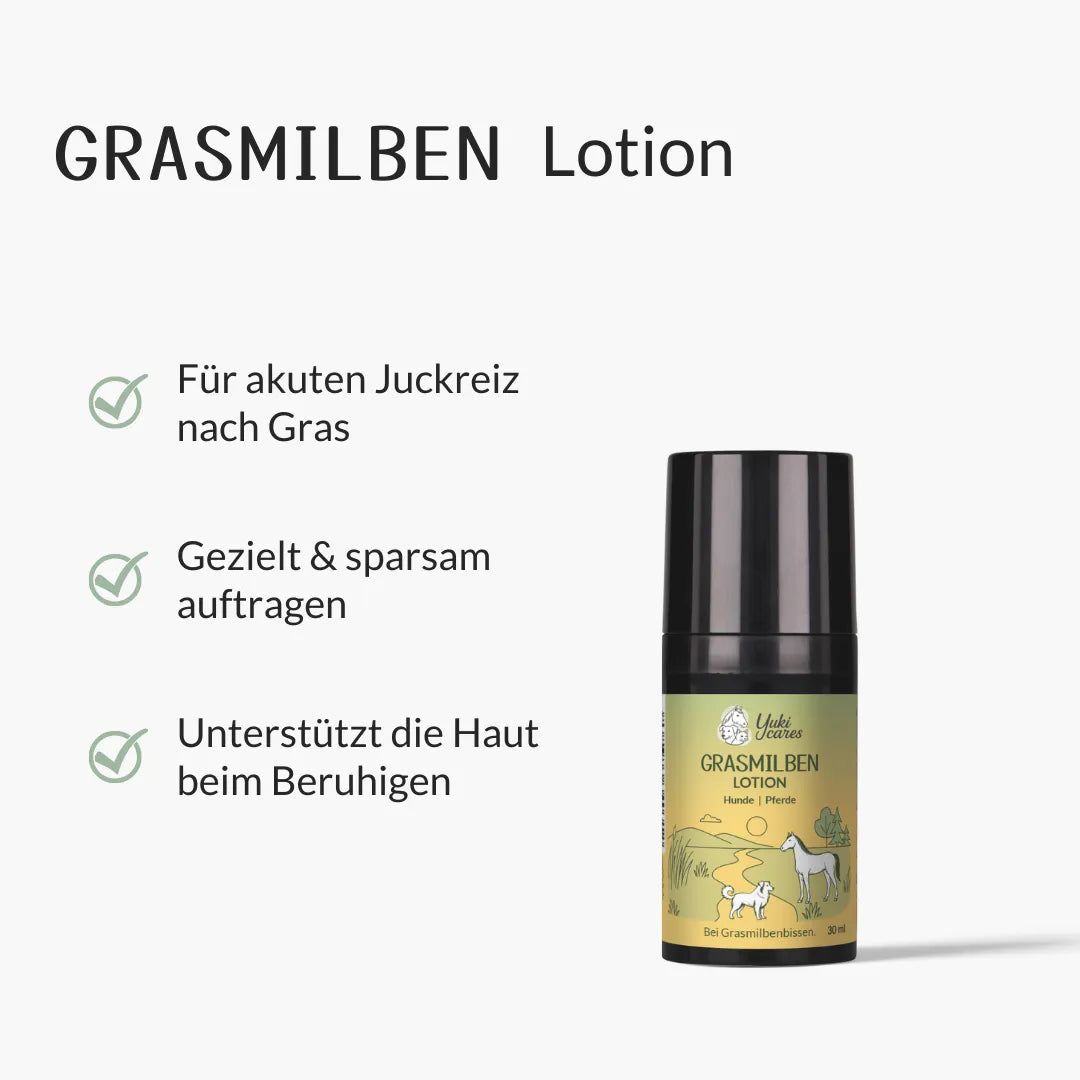 Lotion-Flasche mit schwarzem Deckel. Aufschrift: Grasmilben Lotion für Hunde und Pferde. Text und grüne Häkchen.
