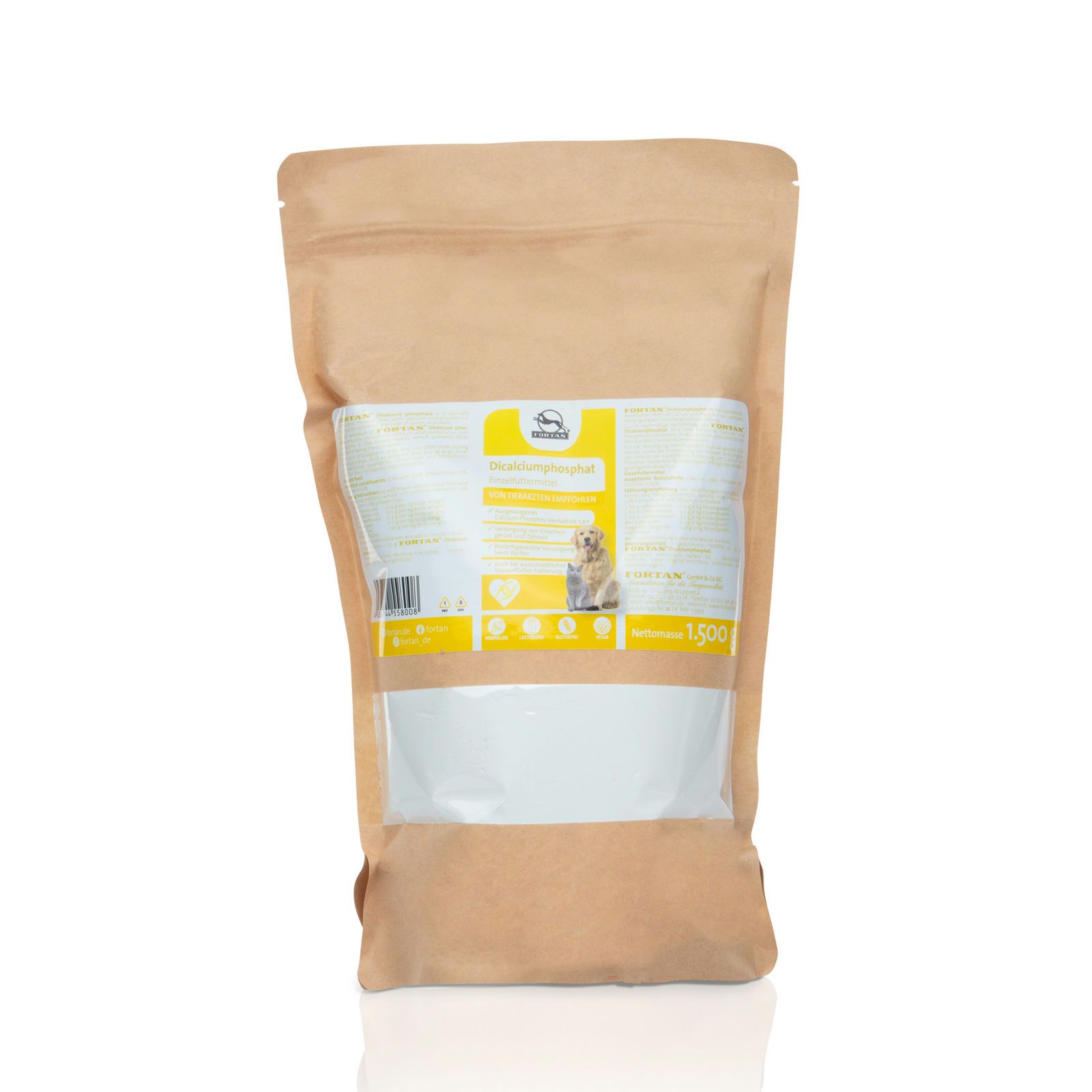 Beutel mit Produkt. Sichtbares Fenster zeigt Pulver. Gelbe Etikettendetails. 1.500 g.