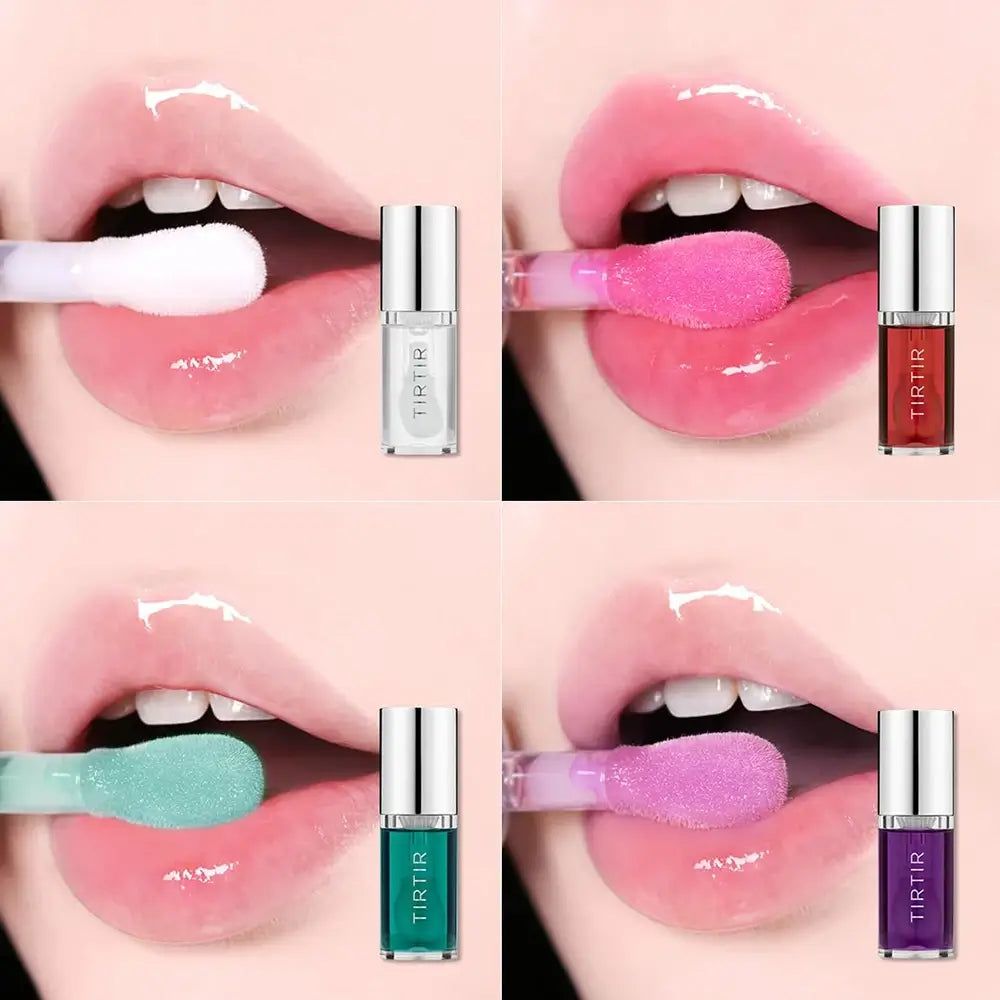 Vier Bilder zeigen Lippen mit Lip Oil. Farben: transparent, pink, rot, grün, lila. Flaschen mit silbernen Kappen. Text: TIRTIR.