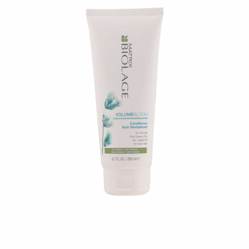 Weiße Tube BIOLAGE volumebloom Conditioner. Grüne und blaue Grafik. Text: Conditioner, 6.7 fl. oz / 200 ml.