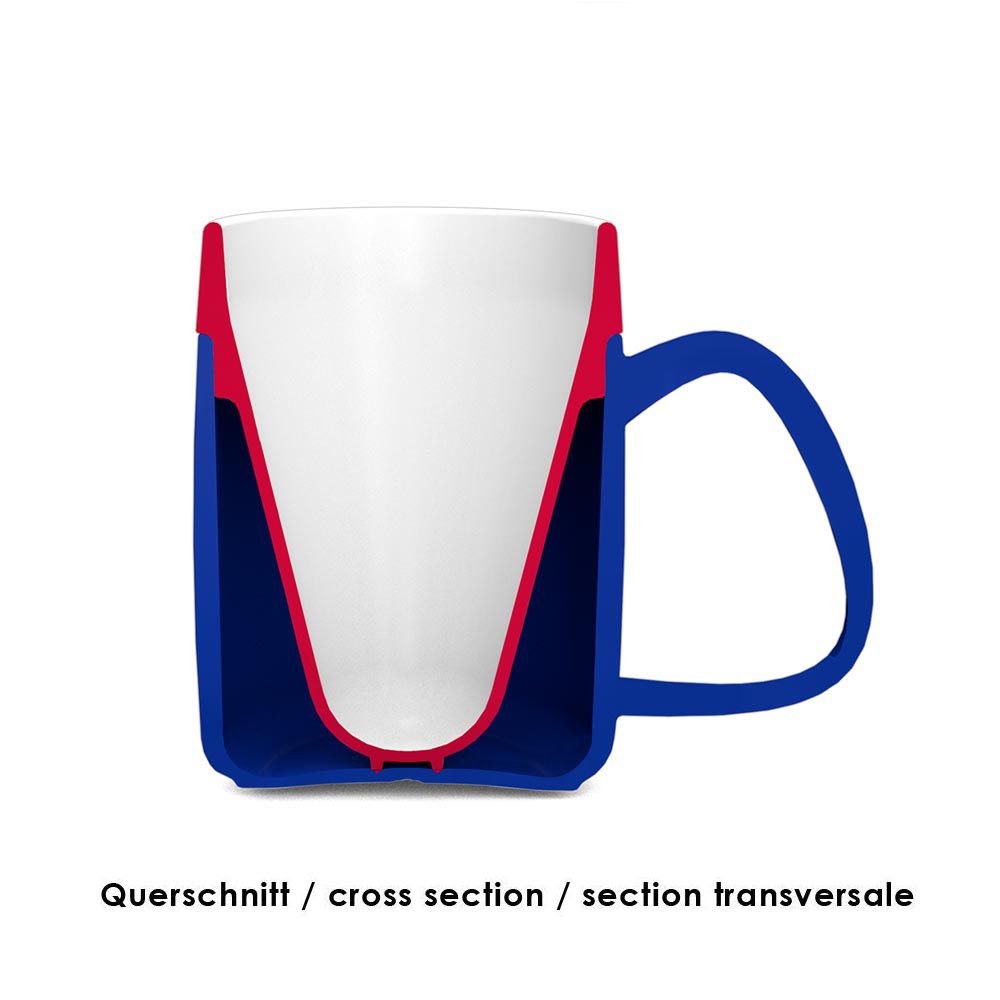 Querschnitt eines Bechers mit großem Henkel. Blaue Außenseite, weißer Innenraum, roter Bereich.
