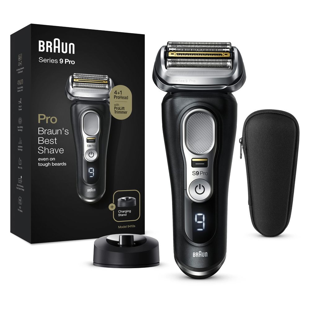 Schwarzer Elektrorasierer mit Ladestation, Etui und Verpackung. Aufschrift: Braun Series 9 Pro.