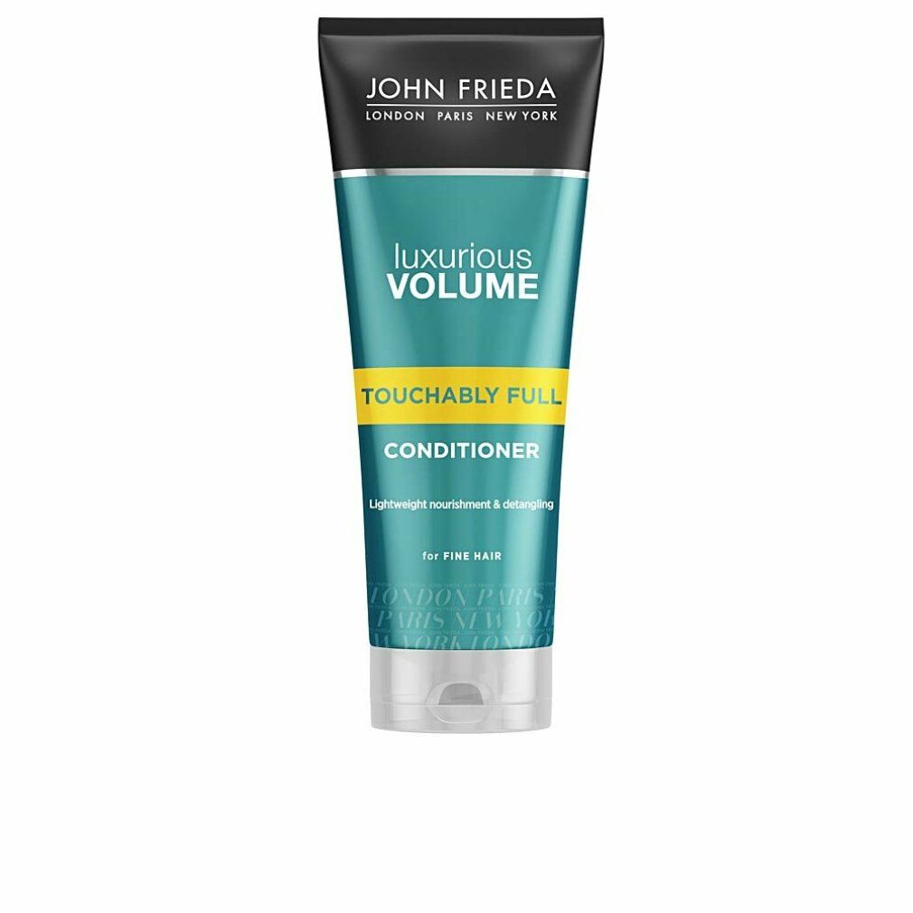 John Frieda Conditioner-Tube. Luxuriöses Volumen, Touchably Full. Für feines Haar. Grün-weißes Design mit schwarzem Deckel.
