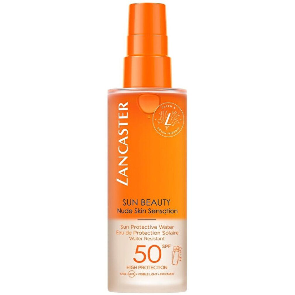 Orangefarbene Flasche mit Sonnenschutzspray. Aufschrift: Lancaster Sun Beauty SPF50. Wasserfest.
