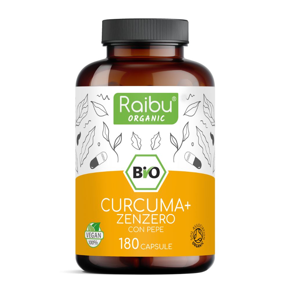 Flacone di vetro marrone con tappo nero. Etichetta con nome del prodotto, marchio bio e 180 capsule. Logo vegano.