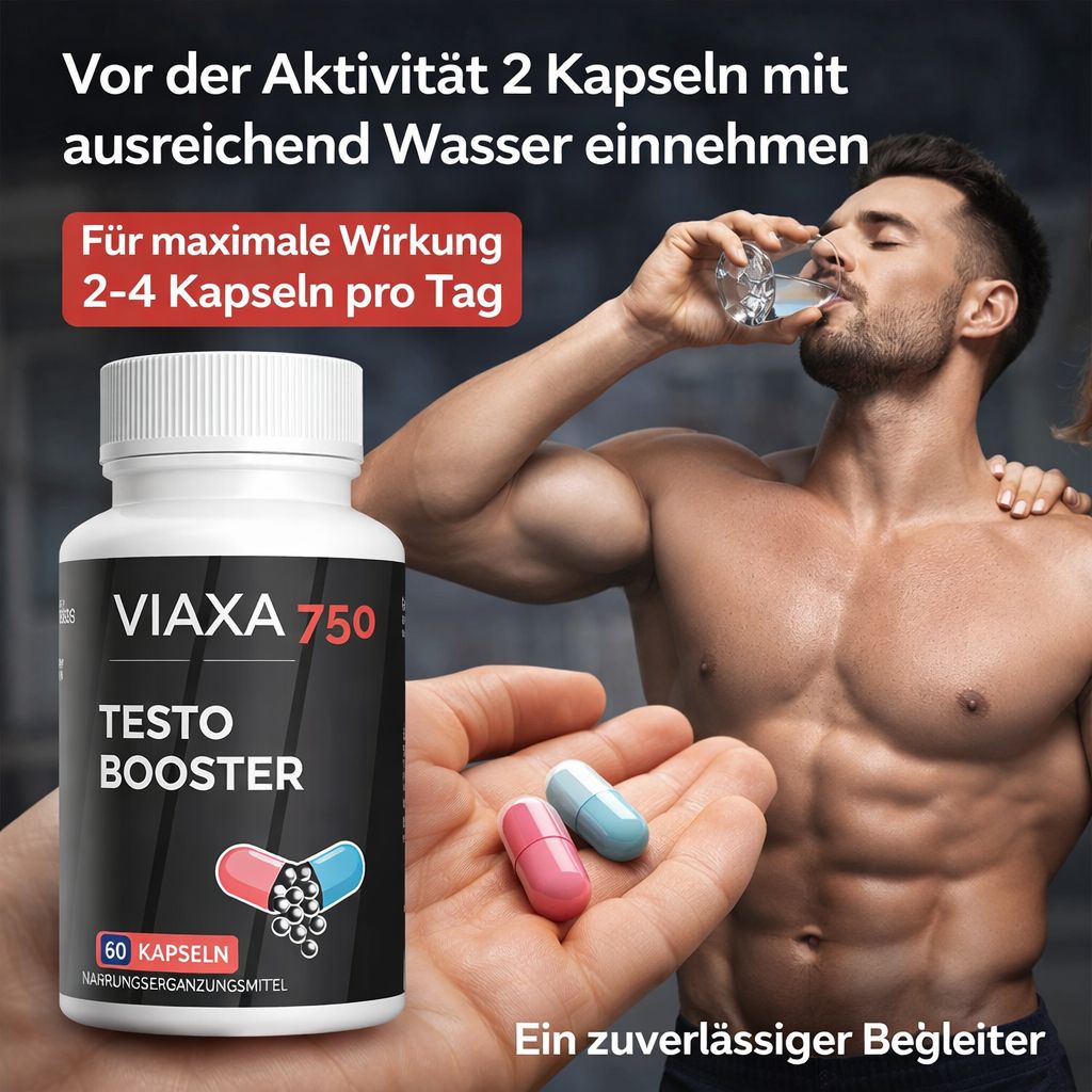 Mann trinkt Wasser. Daneben Flasche mit Aufschrift: VIAXA 750, TESTO BOOSTER, 60 Kapseln. Zwei Kapseln in der Hand.