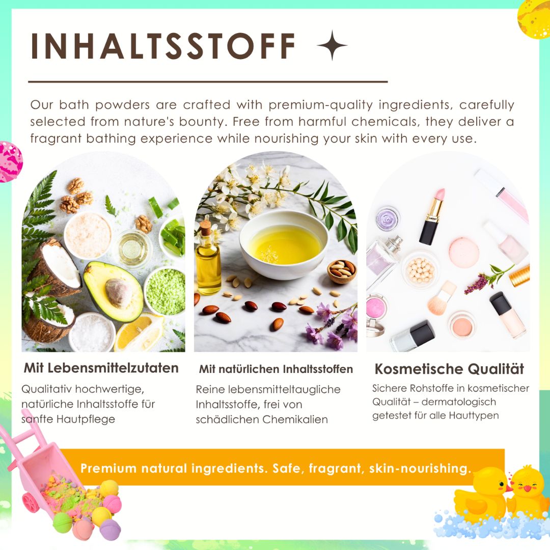 Grafik mit Inhaltsstoffen: Kokosnuss, Avocado, Sheabutter, Blüten, Öle. Text: Premium natürliche Inhaltsstoffe.