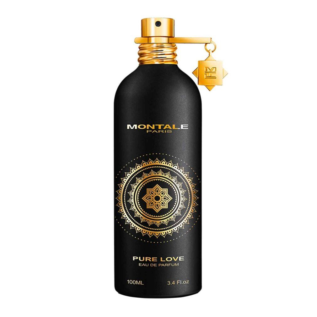 Schwarze Flasche mit goldenen Details. Aufschrift: MONTALE PARIS, PURE LOVE, Eau de Parfum. Goldener Zerstäuber.