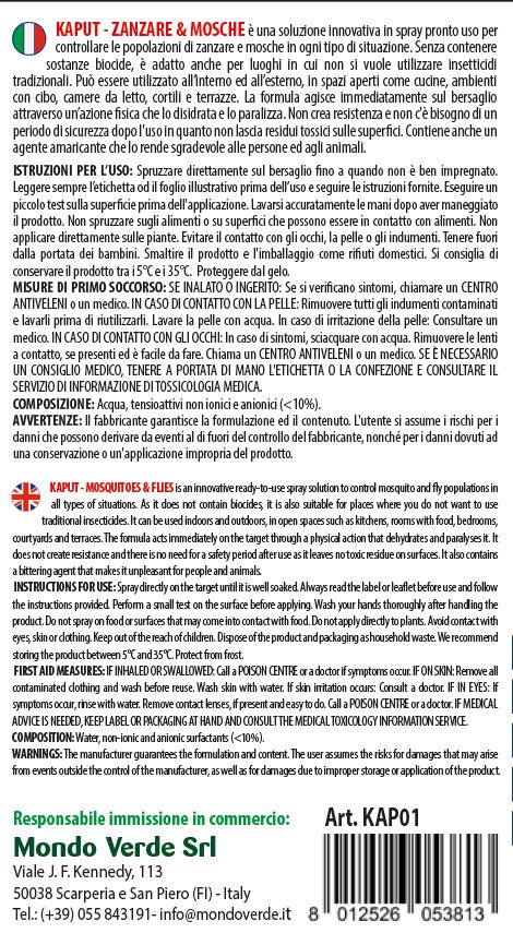Le informazioni sul prodotto Kaput! Zanzare & Mosche sono fornite in italiano e in inglese. Il testo descrive l'uso, gli ingredienti e le precauzioni. L'etichetta include anche informazioni sul produttore, Mondo Verde Srl, e un codice a barre.