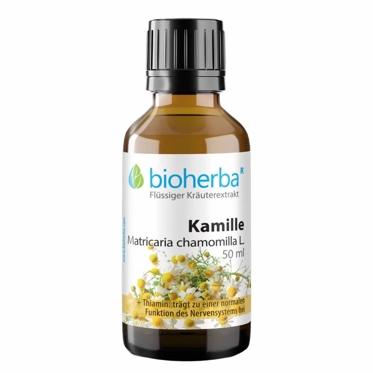 Braune Glasflasche mit schwarzem Deckel. Etikett mit Produktnamen, Kamille-Illustration und Markenlogo.