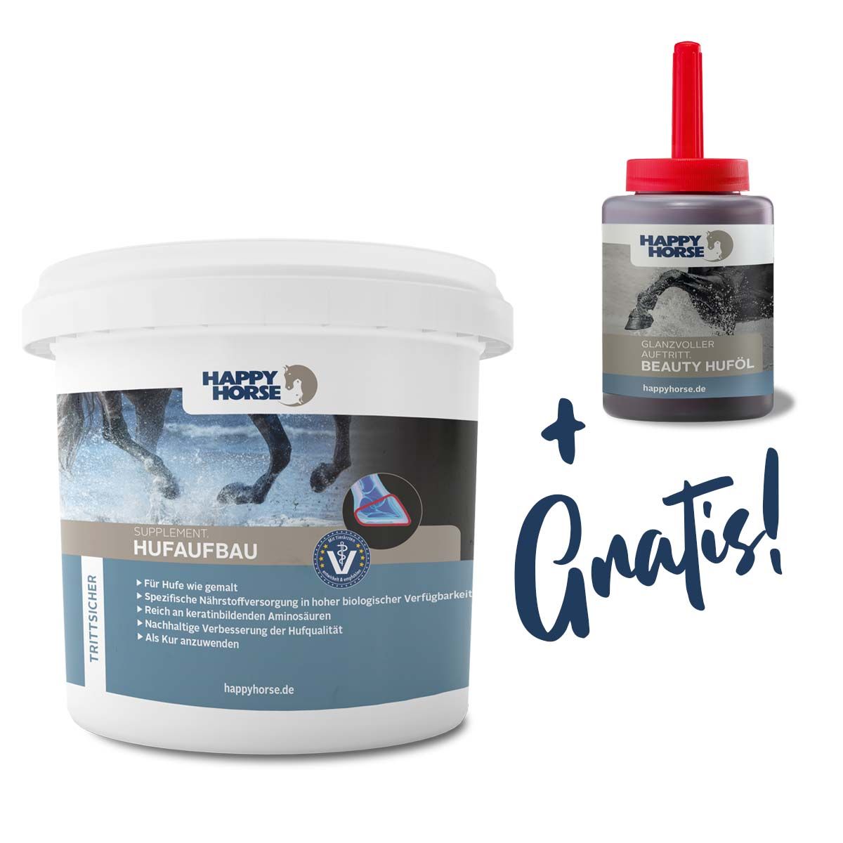 Eimer mit Produktaufschrift "HUFAUFBAU" und Flasche "BEAUTY HUFÖL". Beide Produkte mit Logo "HAPPY HORSE".