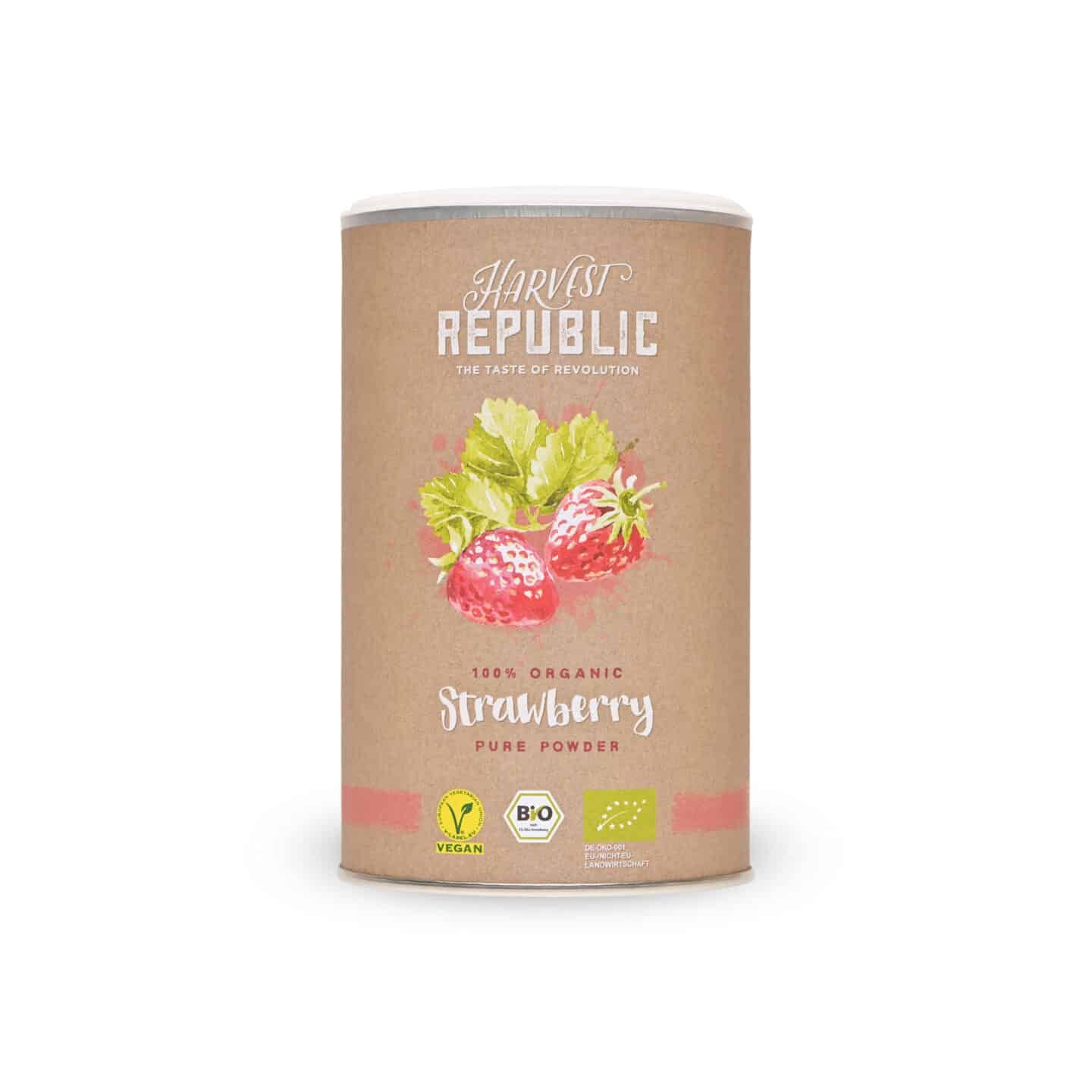 Zylindrische Dose mit "Harvest Republic"-Logo und Erdbeer-Illustration. Text: "Strawberry Pure Powder", Bio-Siegel, Vegan-Logo.