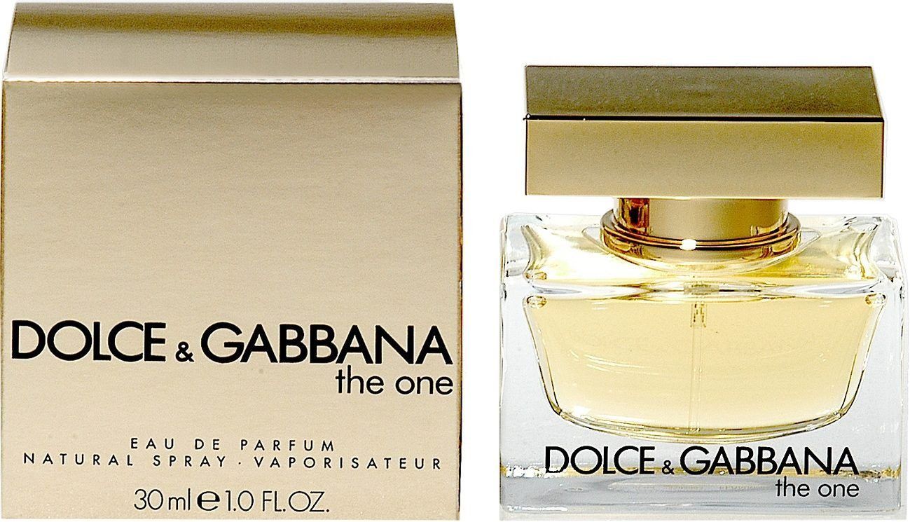 Glasflakon und goldfarbene Schachtel. Aufschrift Dolce & Gabbana The One Eau de Parfum. 30 ml, 1.0 FL.OZ.