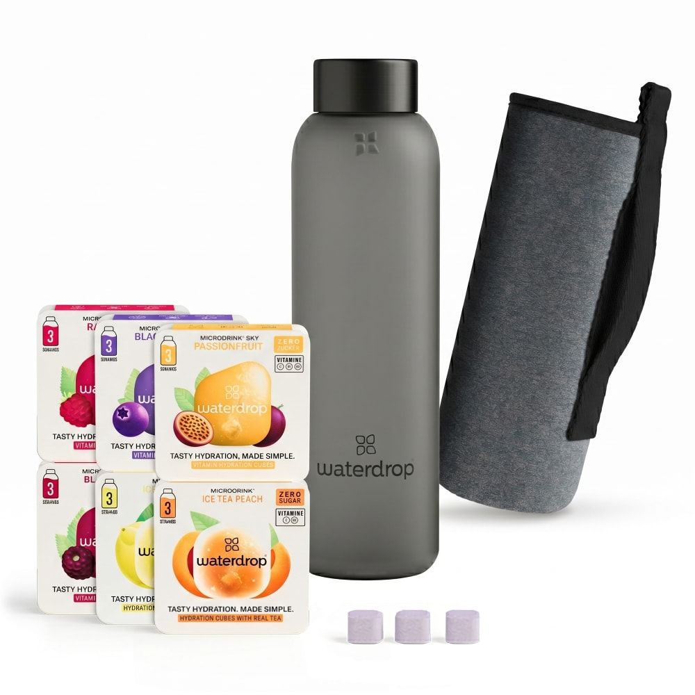 Starter Set mit Flasche, Hülle und Würfeln. Enthält 6 Geschmacksrichtungen. Flasche grau, Hülle grau, Würfel weiß.
