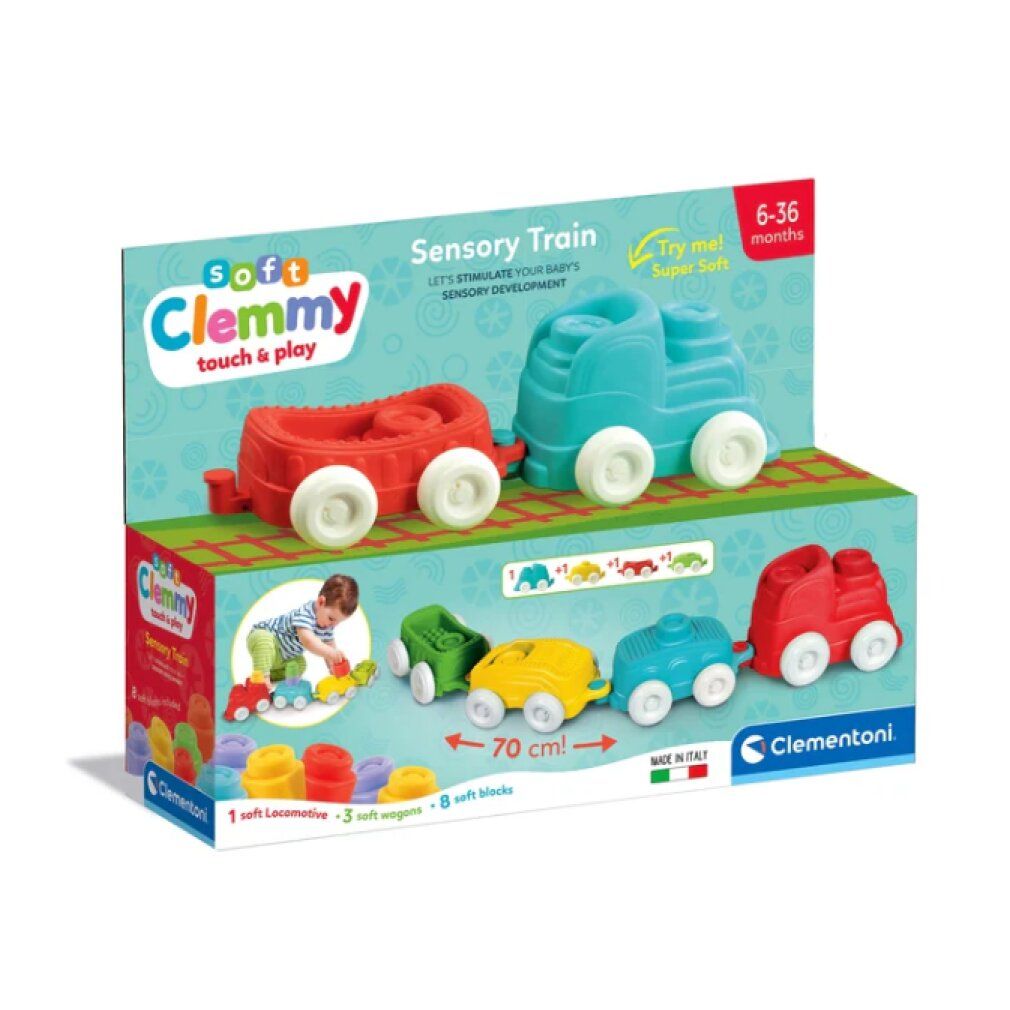 Clemmy Sensory Train Spiel. Verpackung mit Zug und Waggons. Enthält 1 Lokomotive, 3 Waggons und 8 Blöcke. Altersempfehlung: 6-36 Monate.