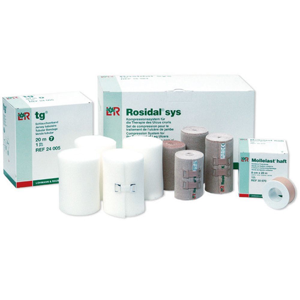 Kompressionssystem Rosidal sys. Mehrere Bandagen und Rollen in verschiedenen Farben und Größen. Verpackungen mit Produktinformationen.