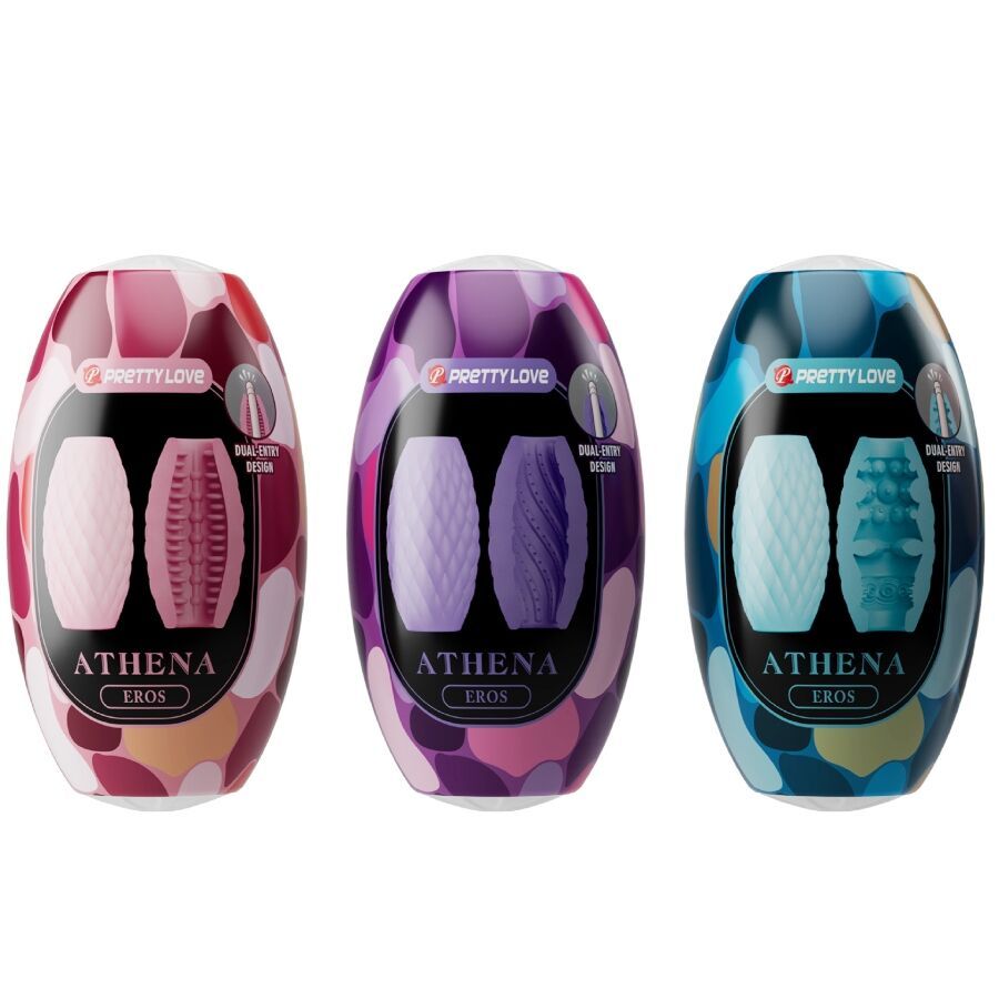 Drei ovale Produkte in verschiedenen Farben. Aufschrift: ATHENA EROS. Verpackung mit Design.