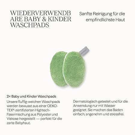 Zwei grüne Waschpads. Text: Wiederverwendbare Baby & Kinder Waschpads. 2x Baby und Kinder Waschpads. Dermatologisch getestet.