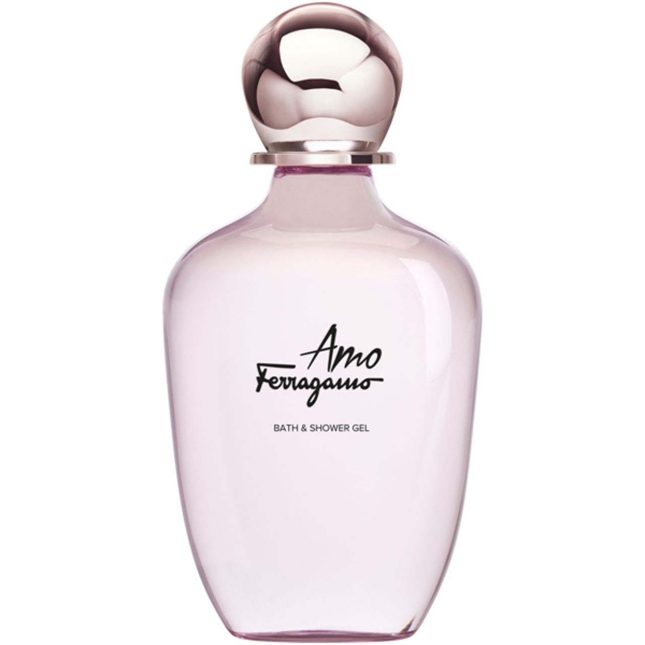 Rosa Duschgel-Flasche mit silbernem Deckel. Aufschrift: Amo Ferragamo, Bath & Shower Gel.