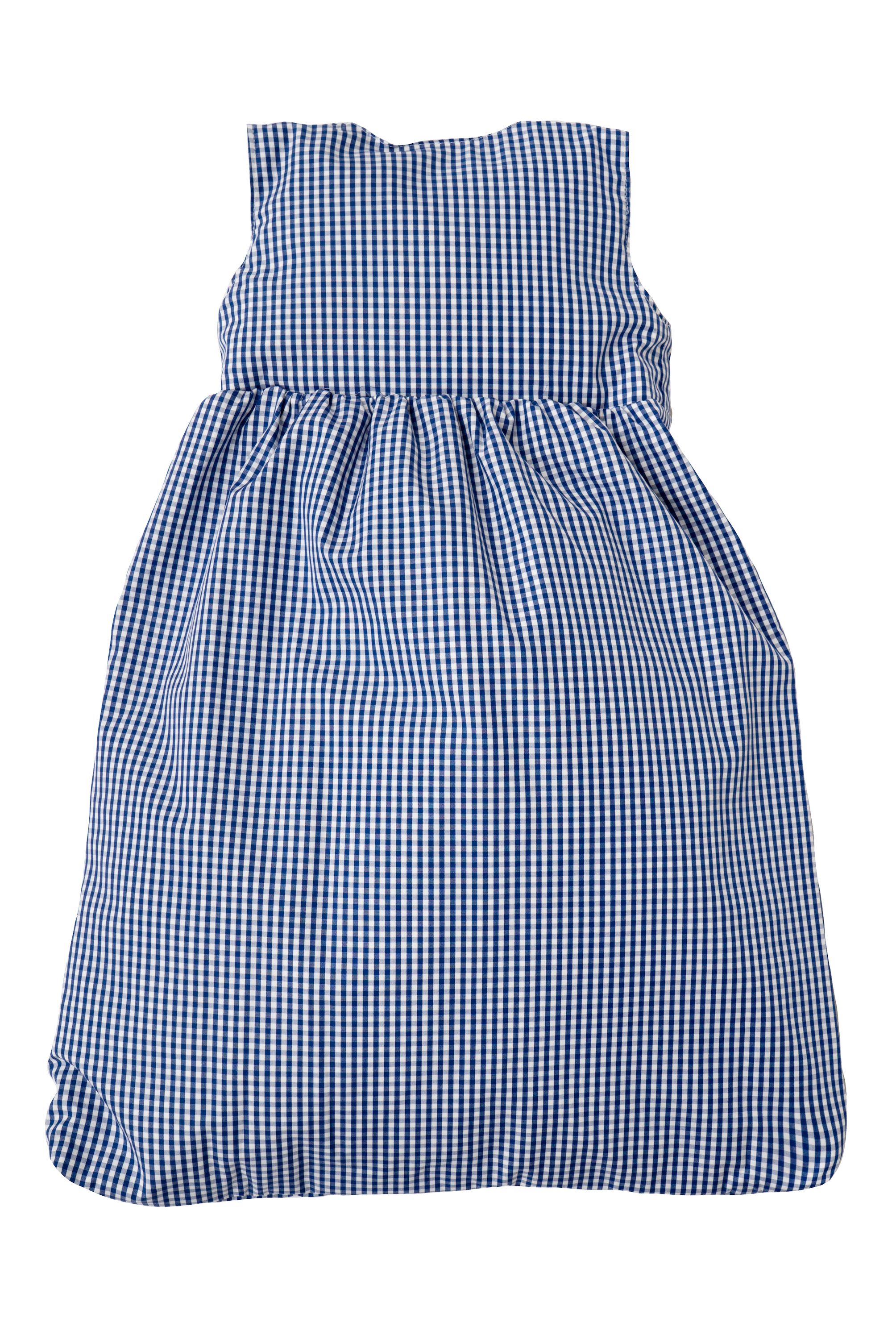 Blau-weiß karierter Schlafsack. Marke Tavolinchen. Rückansicht. Ohne Knöpfe sichtbar. Weißes Innenfutter.