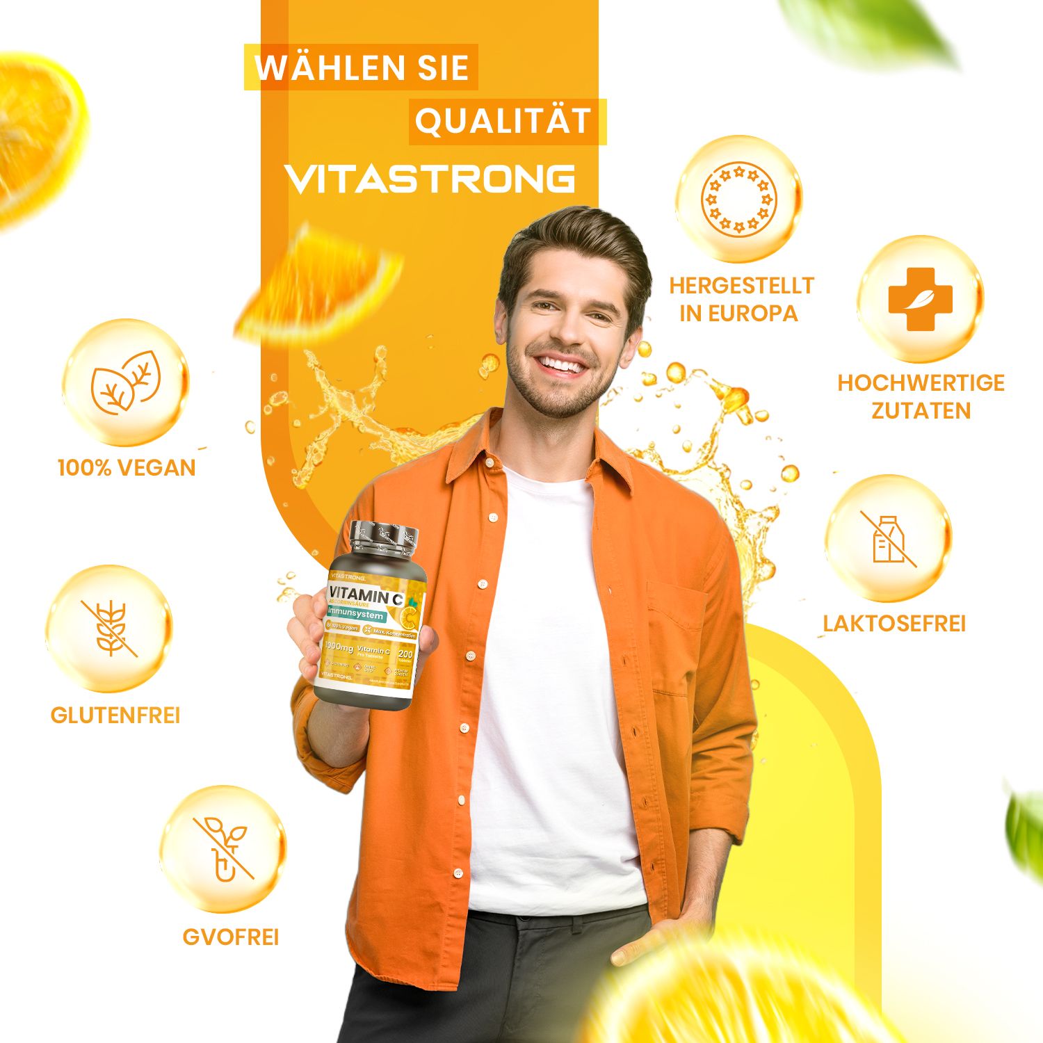 Mann mit Vitastrong Vitamin C-Tabletten. Schwarze Dose, gelbes Etikett. Hergestellt in Europa, hochwertige Zutaten, glutenfrei, laktosefrei.