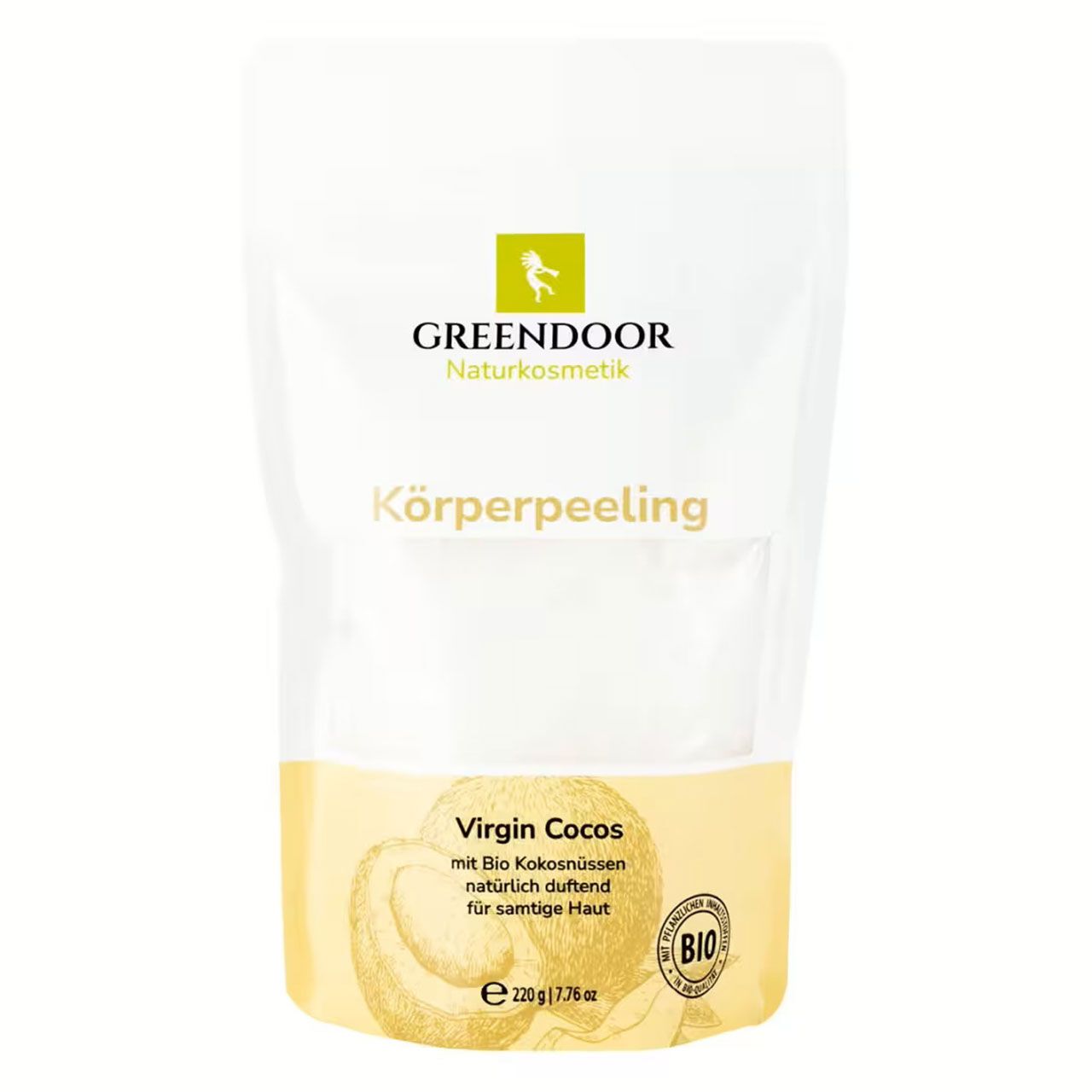 Beutel mit Körperpeeling. Aufschrift: GREENDOOR, Körperpeeling, Virgin Cocos. Bio-Siegel. Inhalt: 220g.