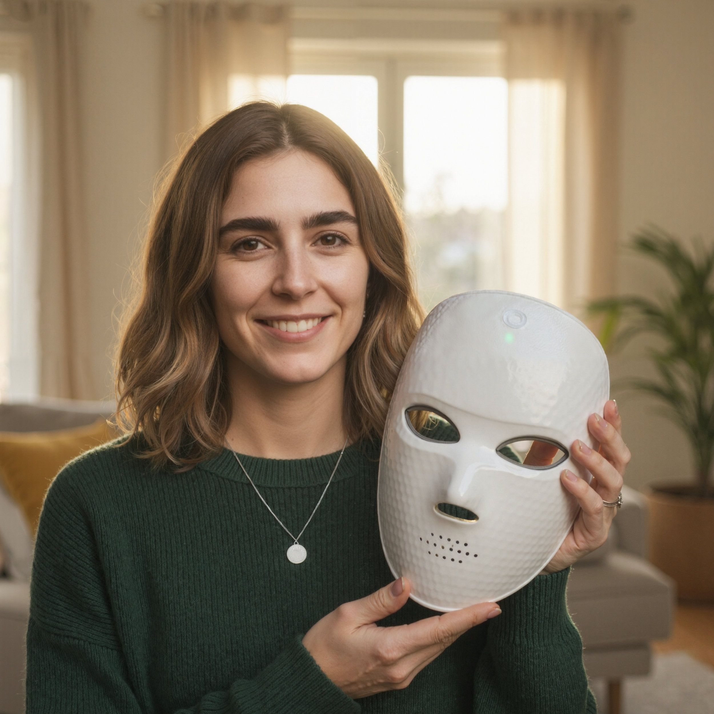 Frau hält weiße LED-Gesichtsmaske. Maske mit Löchern und roten Lichtern. Frau lächelt.