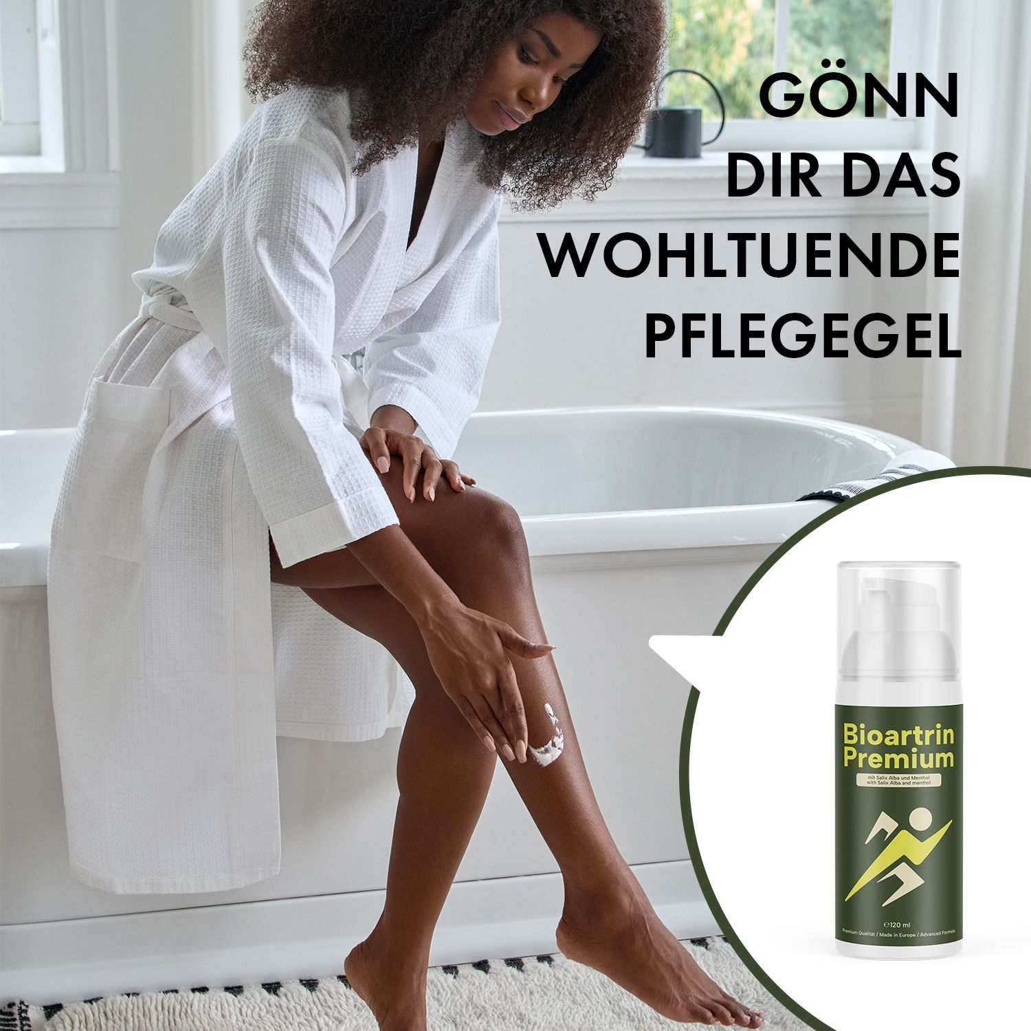 Person trägt Gel auf Bein auf. Rechts: Grüne Flasche mit weißem Pumpkopf. Aufschrift: Bioartrin Premium. Text: Gönn dir das wohltuende Pflegegel.