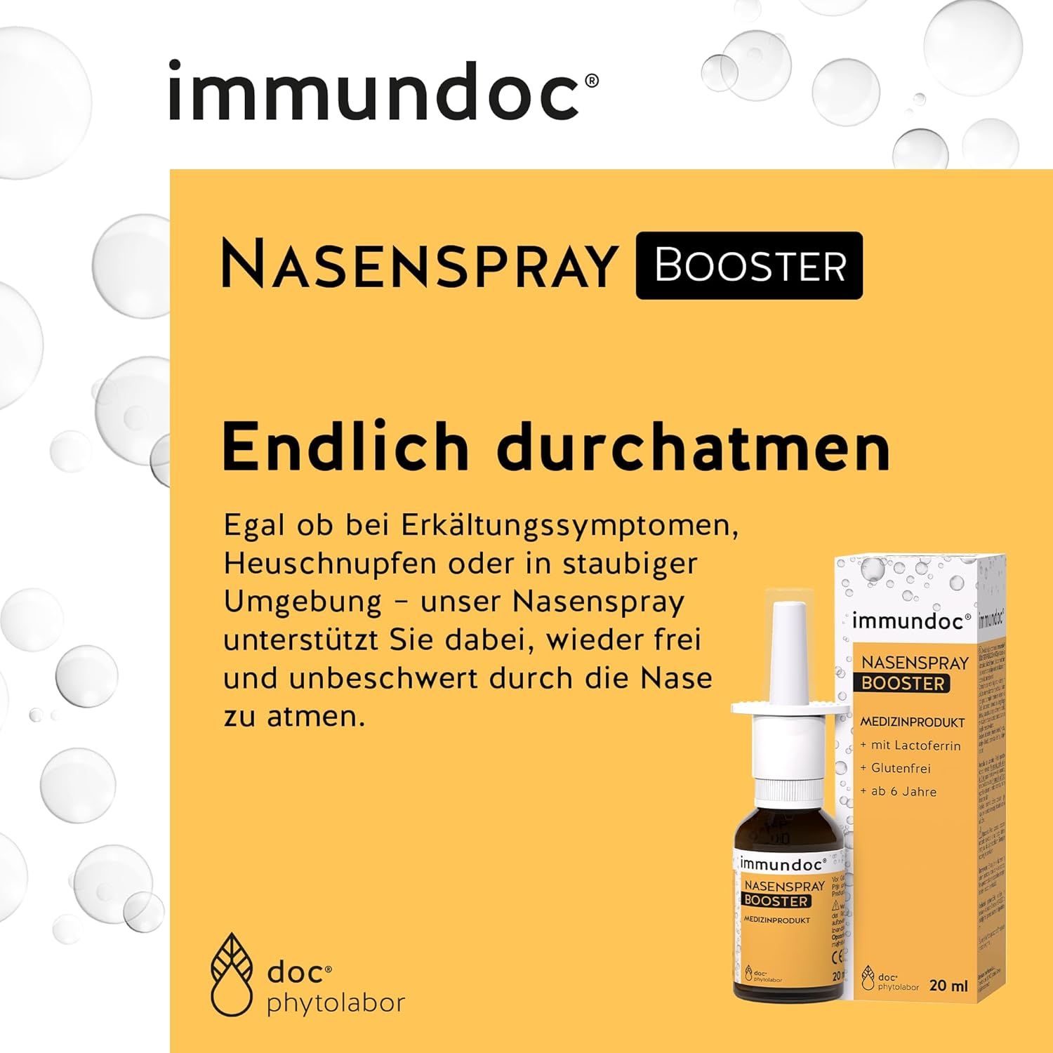 Gelbe Grafik mit Text: Anwendungsempfehlungen: 1 Sprühstoß in jedes Nasenloch, 2-mal täglich. Ab 12 Jahren: 2 Sprühstöße.